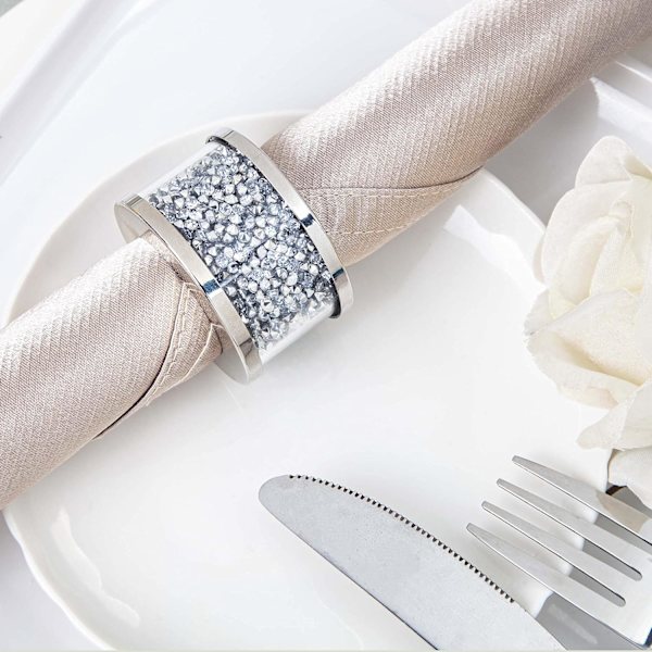 set med 6 servettringar, silver Glittrande krossad diamantservett r