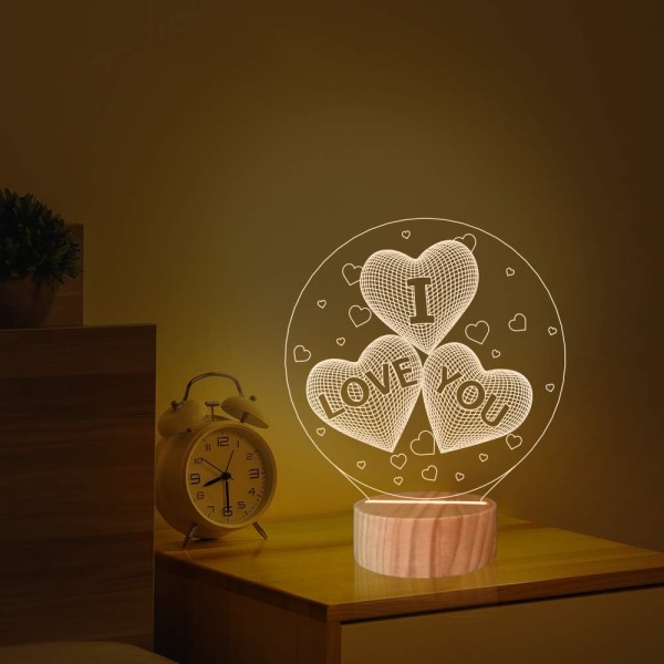 3D LED Natlys Illusion Hjerte Jeg elsker dig Skrivebordslampe Pige eller La