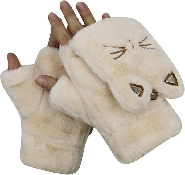 Varme og bløde beige handsker til kvinder, plys, sød kat,
