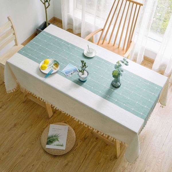Rektangulær duk, rutenettbroderi duk, for dekorasjon av spisebord på kjøkkenet (140*300 cm, grønn/hvit)