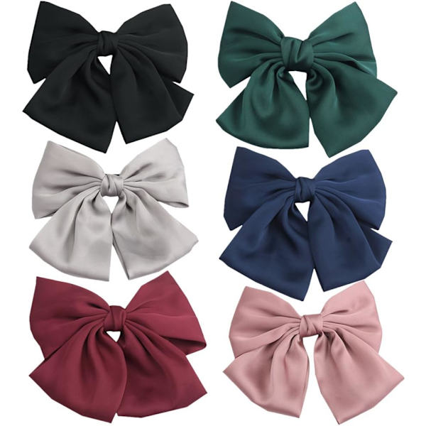 Pakke med 6 chunky solide satin sløjfe hårklemmer 8\" hårspænder til