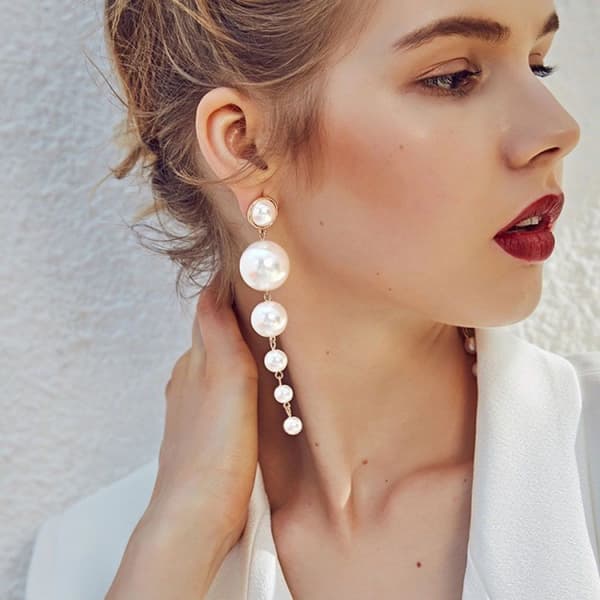 Kvinde Perle Øreringe Lange Dangle Øre Manchet Stud Øreringe Eardrop J