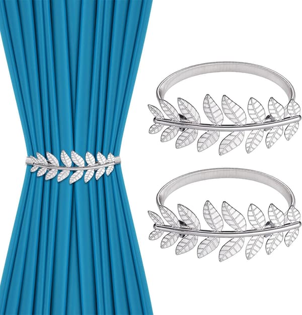 2 st gardinbindningar silverbladform, minimalistiska gardiner