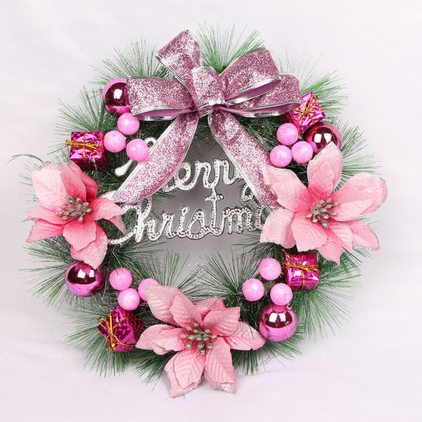 Julekransdekorationer dekoreret krans med bue-jingle til julefestival Trævisning indendørs udendørs juledekoration (rosa)