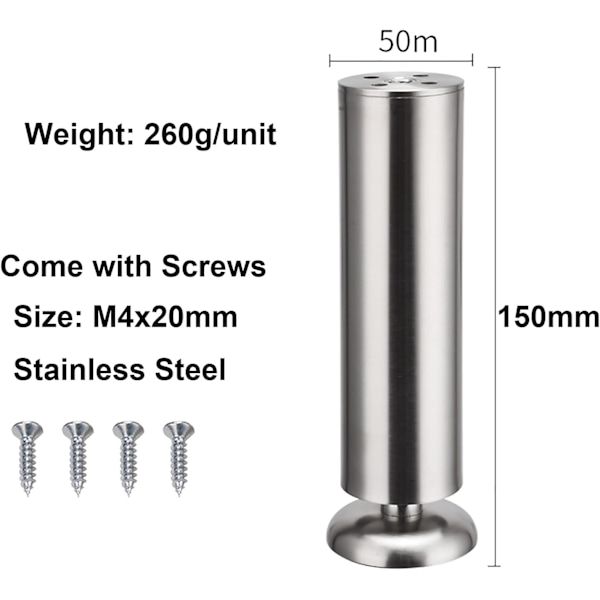 4X Huonekalujalat 150mm, Ruostumatonta Terästä Keittiön Kaapin Jalat