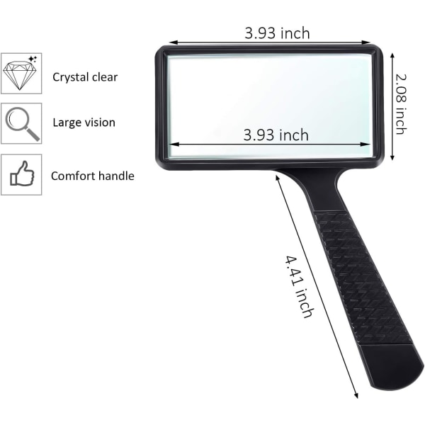 3X håndholdt forstørrelsesglas, 3,77 x 1,89 tommer rektangulær forstørrelsesglas