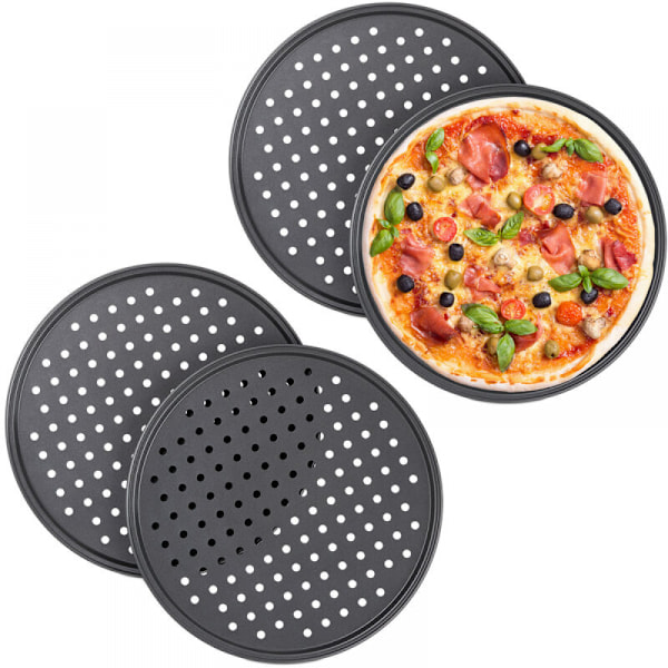 Pizza pan, set of 4, round, perforated, non-stick, tarte flambée,