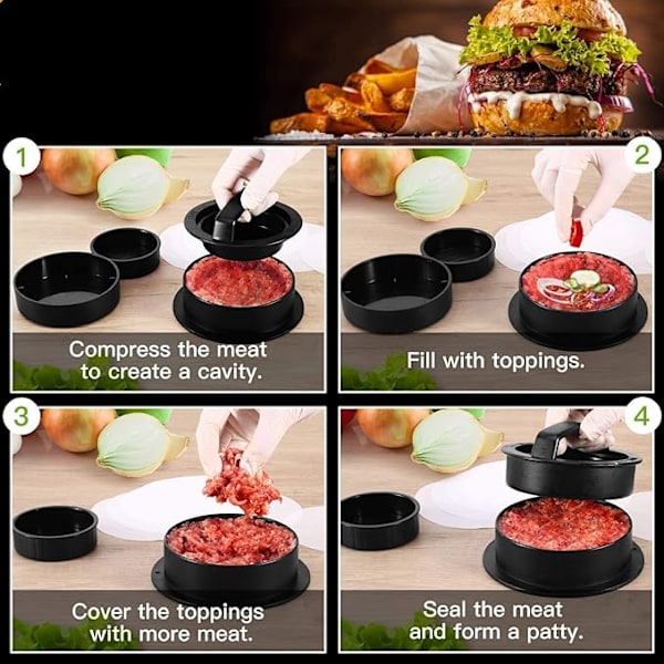 3-i-1 hamburgerpress - Gör perfekt mager köttburgare |