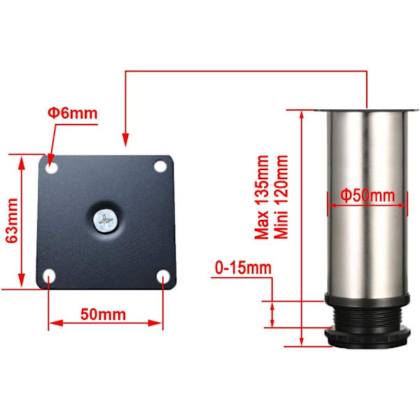4 säädettävää jalkaa 120 mm korkeus Paksut kaapin jalat Pöydän jalat Fu