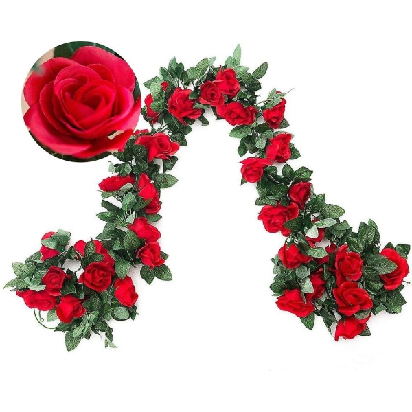 2 Pakke Kunstige Rosenranke Blomsterplanter, 2,2 meter lang Rosenrød Kunst