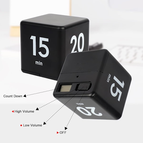 (15-20-30-60) Sort Terning Timer, Digital Studie Timer med LED Lys