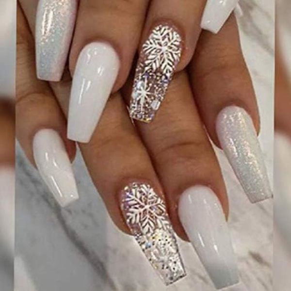 Jul Falska Naglar Vita Korta Falska Naglar Snö Glitter Press