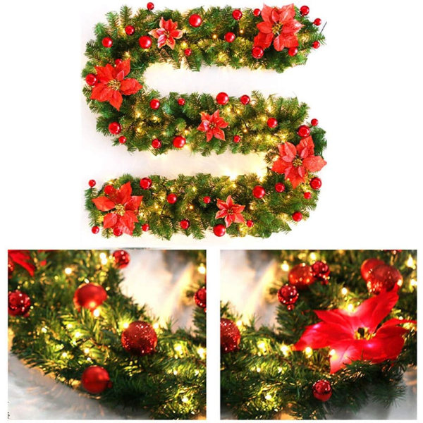 270 cm kunstig juletræssnor til kunstig rattan-guirlande med LED-lampe dekoration til juletræsdør trappepejs (rød)