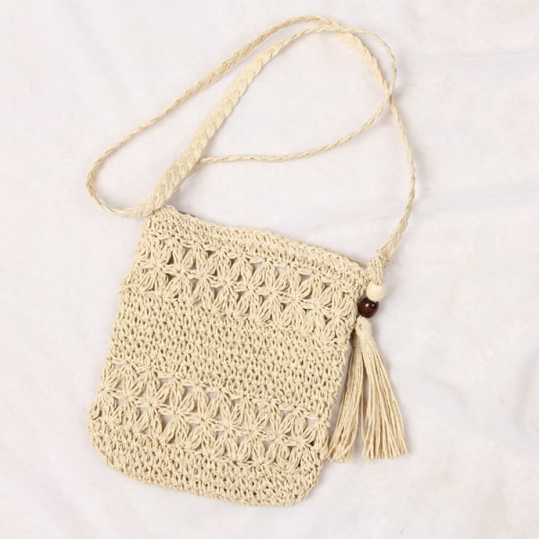 1 st beige halm väska för kvinnor, handgjord boho stil strand halm väska