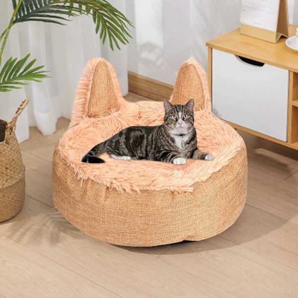Lemmikkipeti, pehmeä kissanpeti, pyöreä koiranpeti, pehmeä peti koko 35 cm, lemmikkieläinten peti nukkumiseen ja lepoon talvella (keltainen)