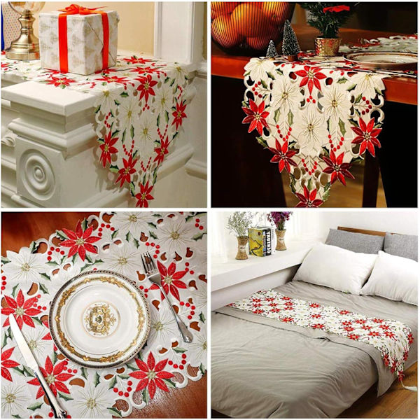 Julbroderad bordslöpare Julstjärna Bordsduk Linne Tofsar Dekoration Thanksgiving Festartiklar 175x40cm