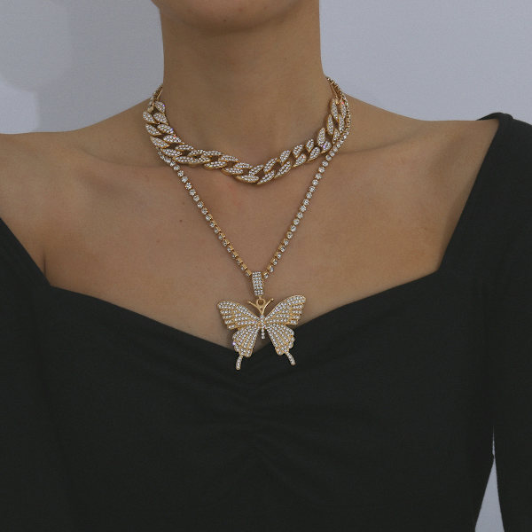 Trendy Hip-Hop Trendy Fuld Diamant Cubansk Spænde Vedhæng Halskæde Sommerfugl Temperament Diamant (Guld)