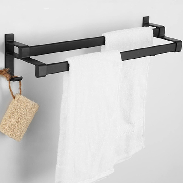 Klæbende håndklædeholder, mat sort håndklædeholder, håndklædeholder med to håndklædestænger og krog, ikke-perforeret aluminiumslegering håndklædeholder + 2 kroge （30cm)