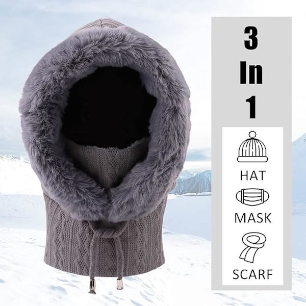Grå vinterbalaclava för kvinnor, varm och tjock plyschhatt