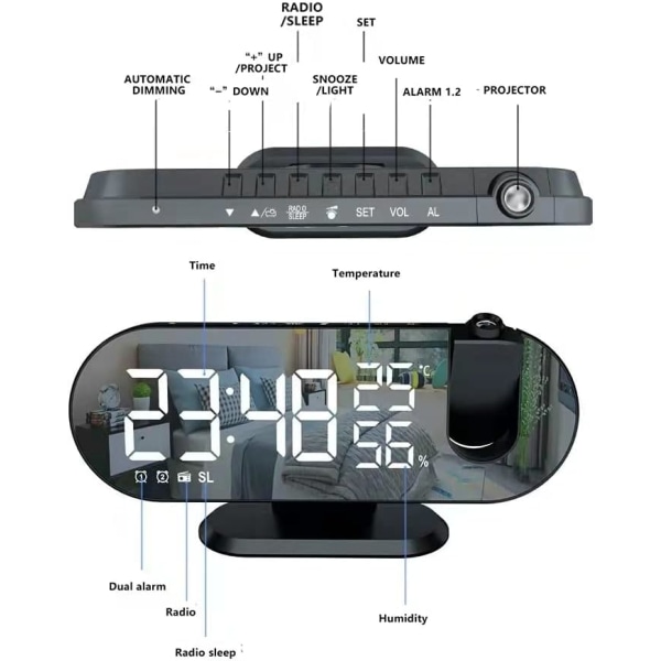 Digitalt vækkeur, projektionsvækkeur med 7,3 tommer LED-radi
