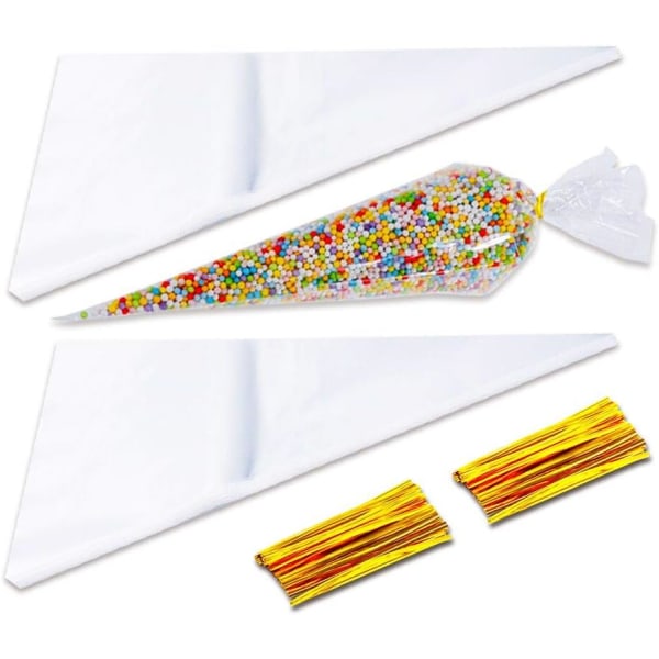 Candy Bag 100 stk Candy Treat Bags Clear Bag med Light Gold T