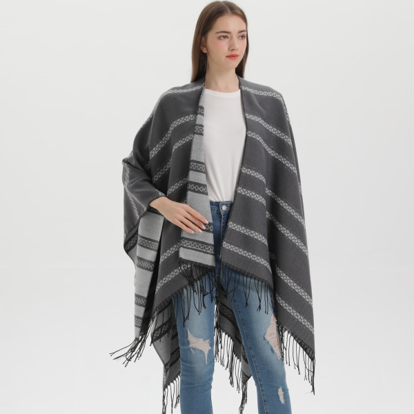 Grå høst- og vinterponcho for kvinner, åpen skjerf med lommer
