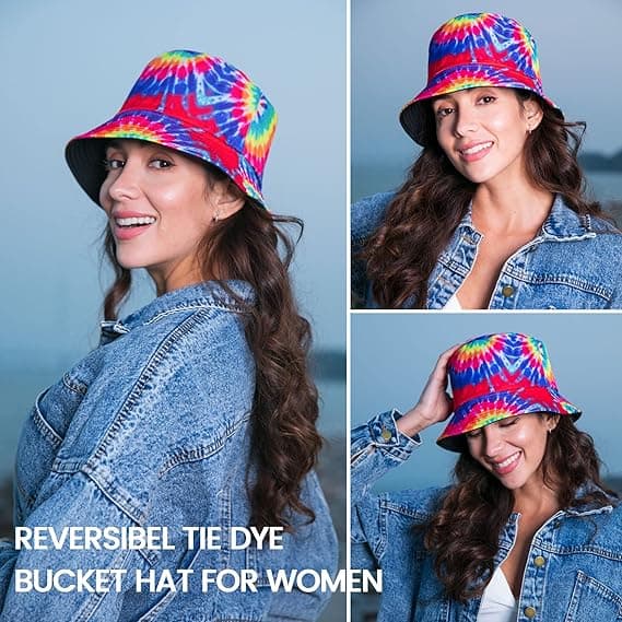 Tie Dye Bøttehatt for Kvinner Reversible Utendørs Strand Solhatt