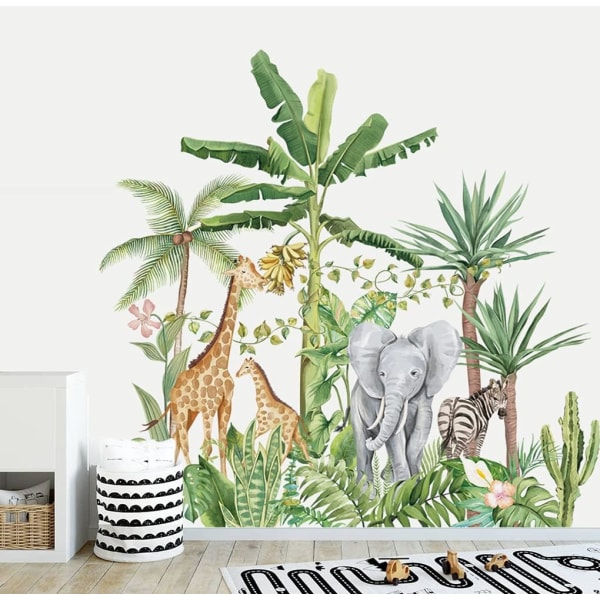 Tropical Jungle Animals Vægdekaler Giraffe Elephant Plant Wall D