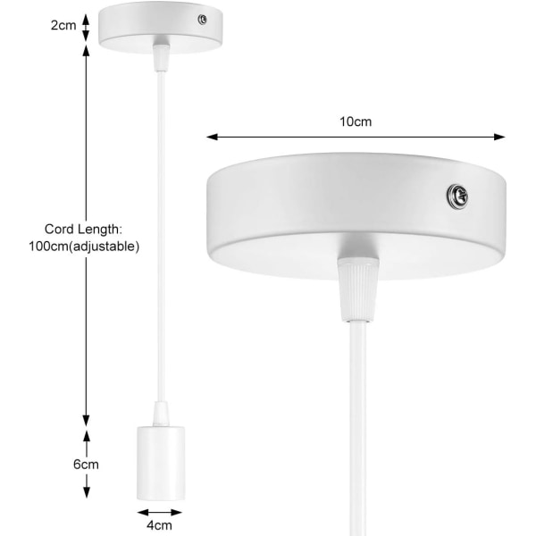 2 stk metall pendellampe E27 lampeholder med taupendelkabel 100CM hengelampe ideell for takbelysning hvit