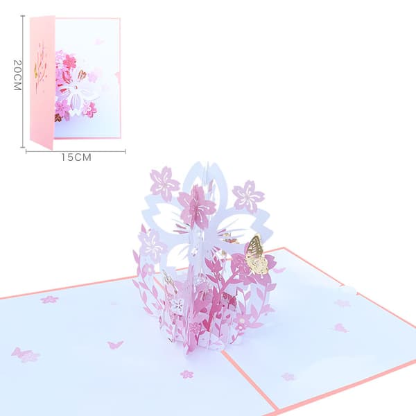 Lyserøde sommerfugle romantiske kort, sommerfugle blomsterkurve 3D hilsen