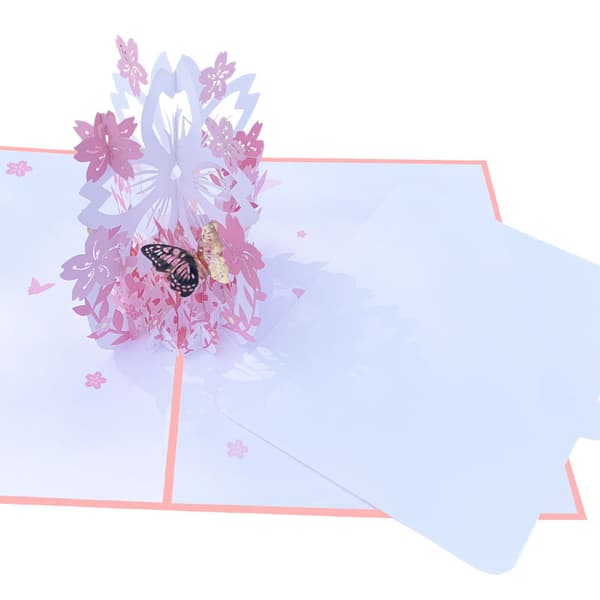Lyserøde sommerfugle romantiske kort, sommerfugle blomsterkurve 3D hilsen