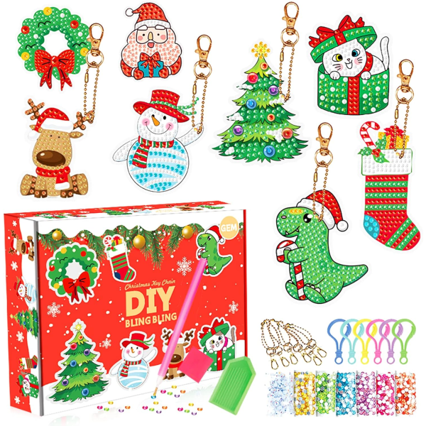 8 st 5D Diamantmålning Jul Nyckelring Kit ​5D Rhineston