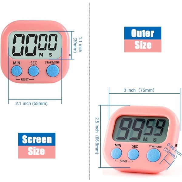 1 stk. Rosa magnetisk kjøkkenklokke med stor LCD-skjerm, timere for