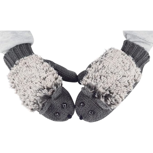 Double Layer Winter Thicken Warm Knit Rukkaset Sarjakuva Hedgehog Gloves (Tummanharmaa)