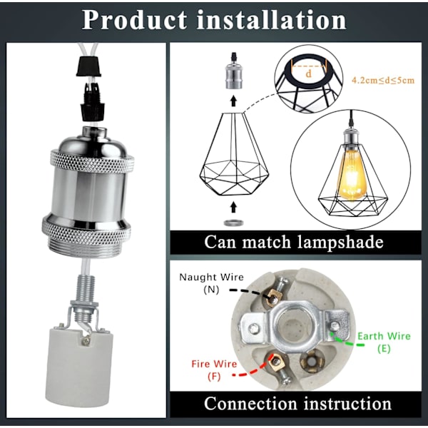 E27 lampfot, Edison vintage pendellampa, solid keramisk adapte