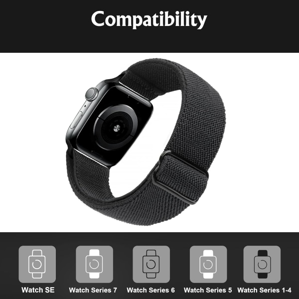 Elastic Strap Compatible Apple Watch Strap 41mm 40mm 38mm Comfortable Adjustable Sport Strap for iWatch Series 7 6 5 4 SE 3 2 1 Ladies Mens - Black