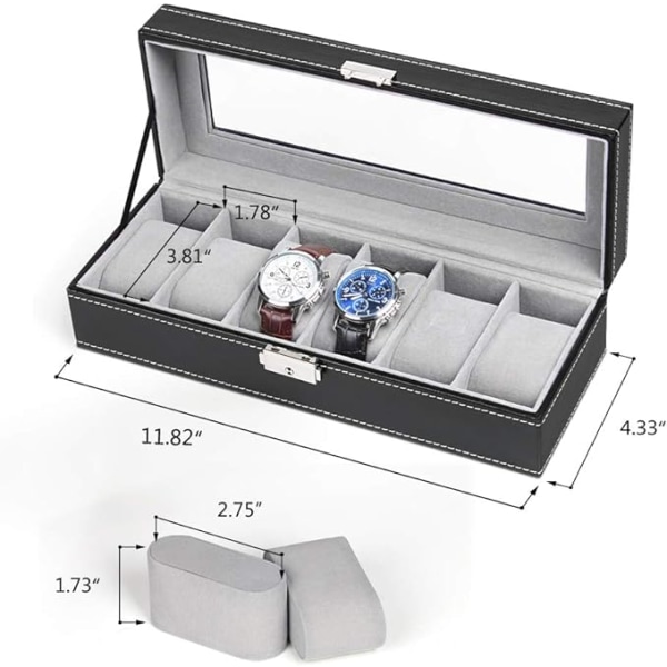 6 Slots Læder Urboks Display Box Organizer Glas Smykkeopbevaring Sort