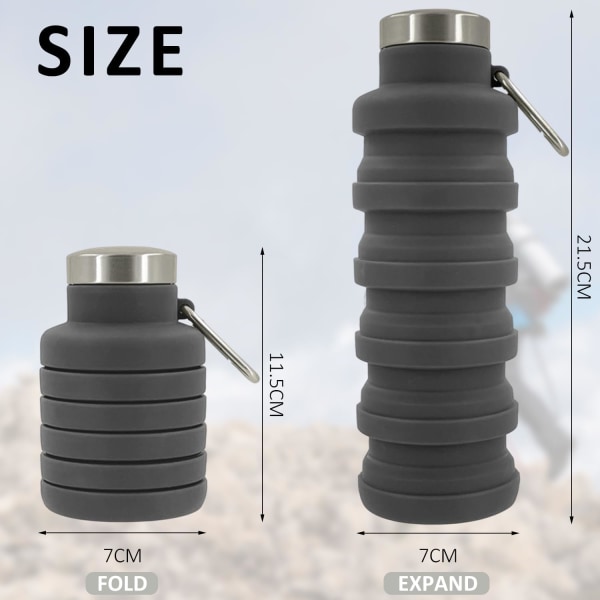 1 Mörkgrå hopfällbar vattenflaska (500 ml) - livsmedelsgodkänd silikon