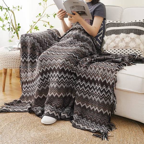 (Svart, 127 × 170 cm) Bohemian filt, svart stickad filt för