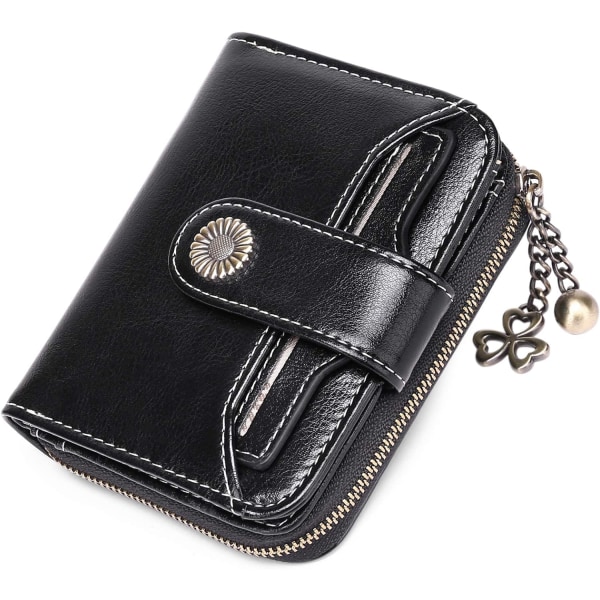 Svart plånbok för kvinnor med RFID-skydd, litet kompakt läder