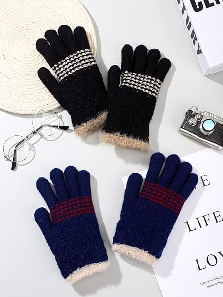 2 par marinblå, svarta helfinger stickade handskar ull fleece foder