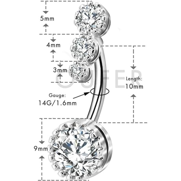 316L kirurgisk stål navlepiercing, klar CZ navlepiercing, 14G