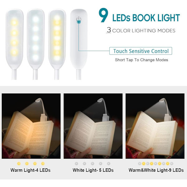 9 LED-læselamper, genopladelige læselamper med 3 lysstyrker
