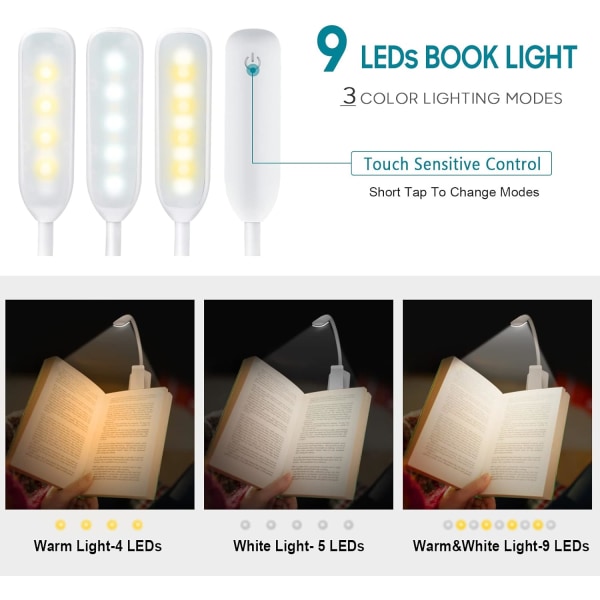 9 LED-lukuvaloa, ladattavat lukulamput 3 kirkkaudella
