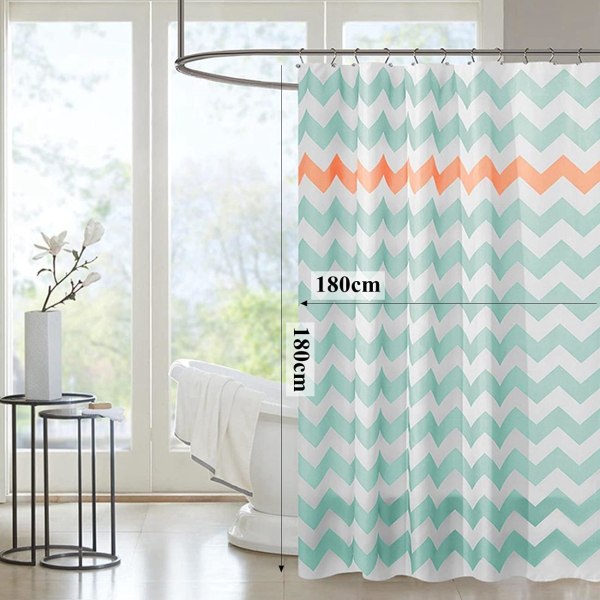 Mildew Proof Vandtæt Bruseforhæng Lysegrøn Polyester Bruseforhæng 180 x 180 cm Badeværelse, Maskinvaskbar, med 12 Kroge, Geometriske Bølger