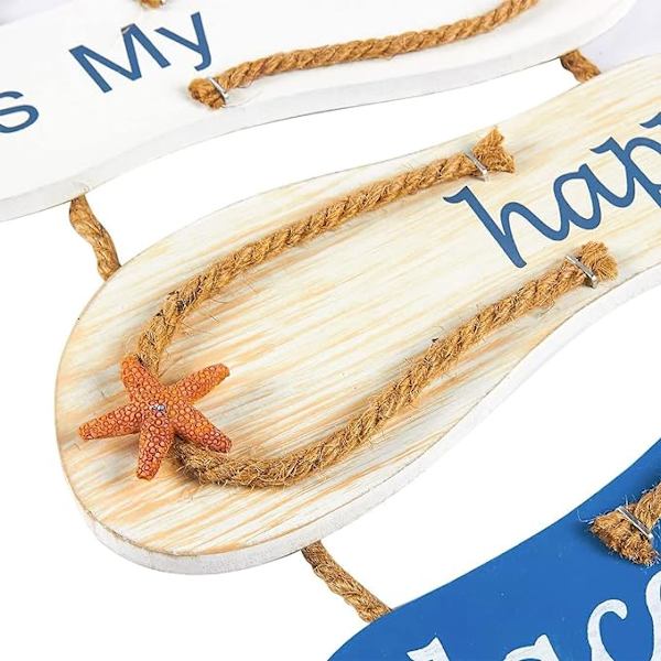 Stranden är min lyckliga plats skylt, hängande nautiska flip-flops vägg skylt dekor för hem och strand badrum dekor (8,5 x 20 tum)