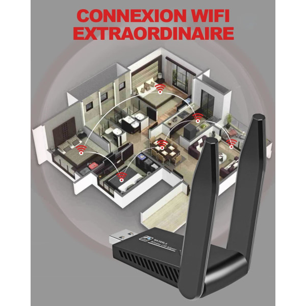 Kraftfull AC1300Mbps Wi-Fi-adapter, Dual Band USB 3.0 Wi-Fi-adapter