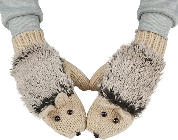 Dubbellagers vintertjockare varma stickade vantar tecknade igelkottar handskar (beige)