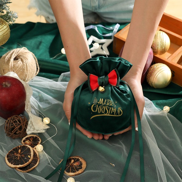 6-pack julsammetsväskor (grön) med dragsko och rosett, burk