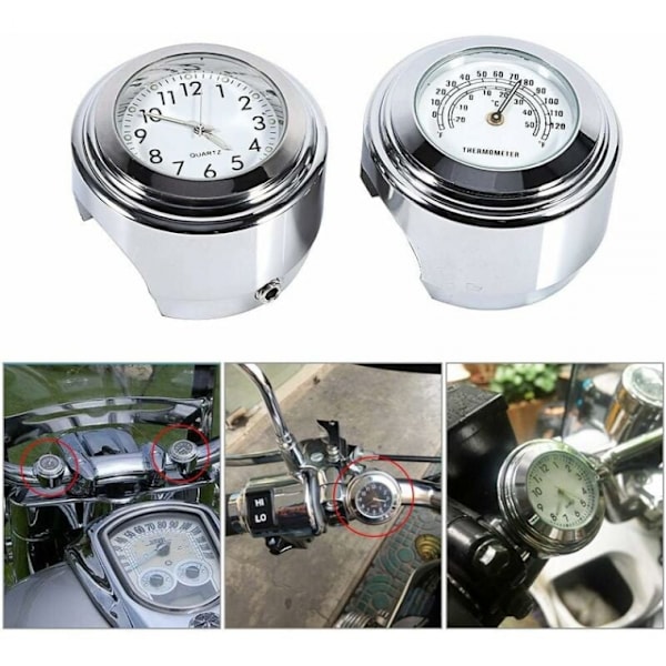 Motorcykel Styr Ur, Termometer + Tid 7/8\" Vandtæt Mo